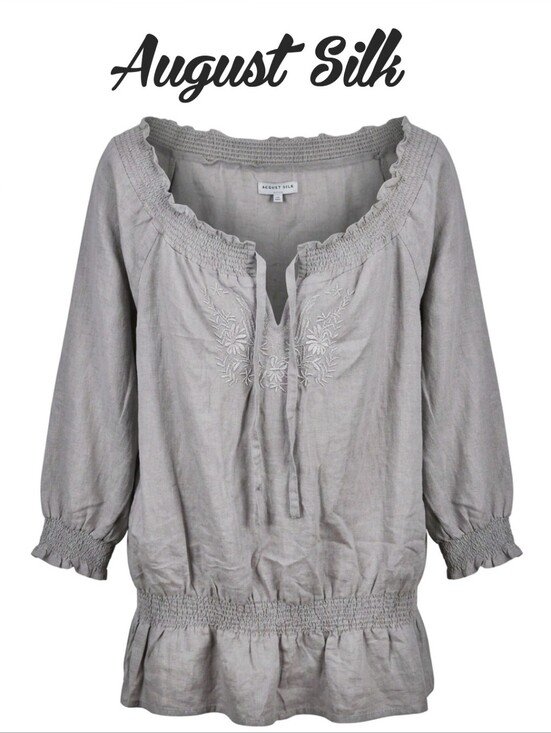 august silk Tops - August silk lavender gray embroidered smocked peasant tunic XL